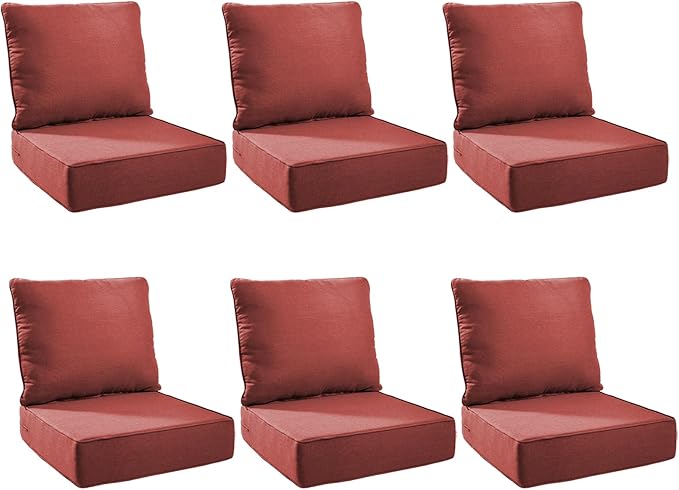 Outdoor Cushion Set for Furniture Patio Furniture, UV Resistant, Water Resistant - 6 Inch Thick Foam Garden Cushions– 22x24 Inch Patio Seat Covers for Chair/Sofa/Couch | Red | 6-Pack |