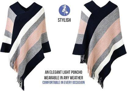 Ferand Women's Striped Poncho Sweater Cozy Knit Fringe Shawl Wraps for Fall Winter