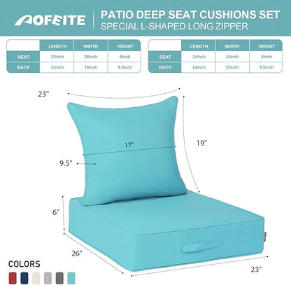 Outdoor Olefin Water-Resistant Deep Seat Cushion Set, 2PCS Weather and Fade Resistant 23''x 26''x 6'' Patio Furniture Seat Cushion, Thickened Sofa Chair Pad for Lawn, Garden, Turquoise