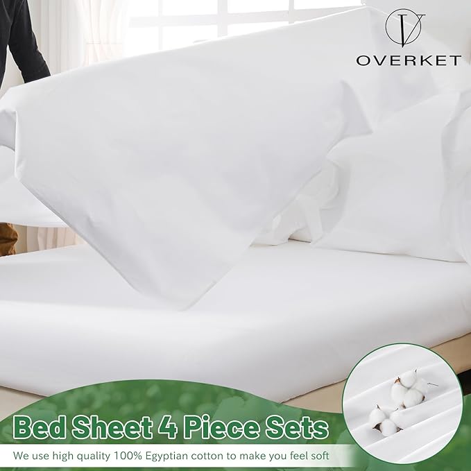 100% Egyptian Cotton Sheets King Size 4PCS 1000 Thread Count Sateen Weave Soft Breathable 16-Inch Deep Pocket （King,White）