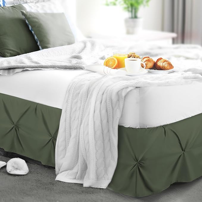 Nestl Olive Green Bed Skirt Queen Size, Pinch Pleat Queen Bed Skirt, 14" Inch Drop Queen Bedskirt, Hotel Quality Olive Green Bed Skirts, Microfiber Bedskirt for Queen Bed, Olive Green Queen Bed Skirt