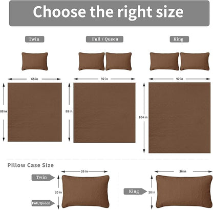 Easy-Going Full/Queen Size Reversible Quilt Set with 1 Quilt and 2 Pillow Shams, Soft Bed Quilt Cover, Water Resistant Lightweight Microfiber Bedspread, Stain Resistant, Damask-Brown/Beige