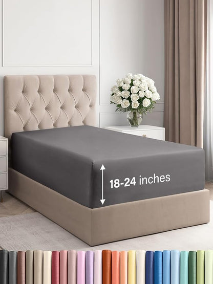 Extra Deep Twin XL Fitted Sheet - Hotel Luxury Single Fitted Sheet Only - Easily Fits 18 inch to 24 inch Mattress - Ultra Soft, Wrinkle Free with Extra Deep Pockets - Breathable & Comfy - Dark Grey