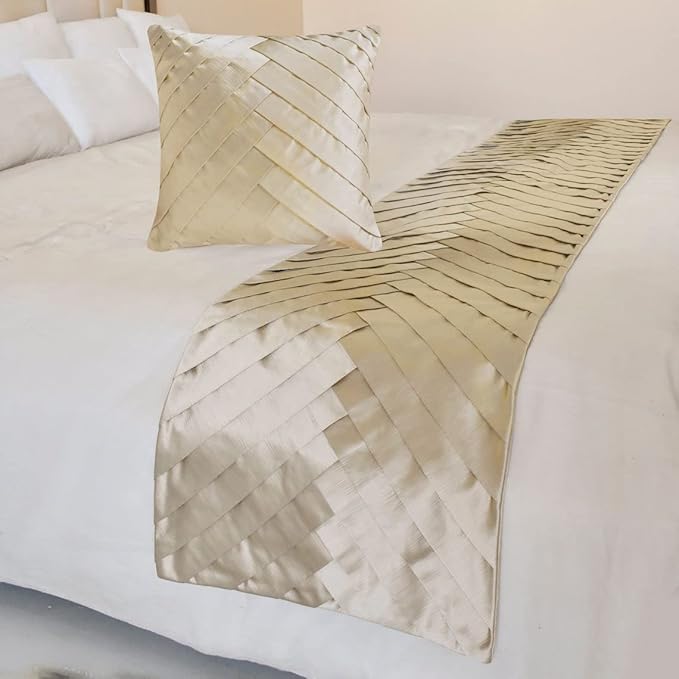 The HomeCentric King/Queen/Twin Ivory Designer CA King 86"x18" Bed Runner with 2 Pillow Cover, Pintucks, Textured & Satin Bed Scarf on Satin Fabric - Glazed Satin