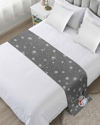 Christmas Snowman Winter Snowflakes Bed Runners for Bedroom Hotel,Decorative Bedding Scarf Gray White Bed End Blanket Bedding Runner Scarves for Twin Size Bed,71x20in