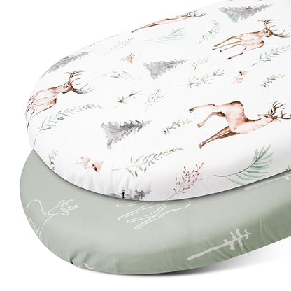 Gllquen Baby Bassinet Sheets Set 2-Pack, Breathable Cozy Bassinet Fitted Sheet Universal Fit Standard Mattress Oval Rectangle Cradle Baby Sheets for Baby Boy Girls Unisex 32"x16" (Reindeer)