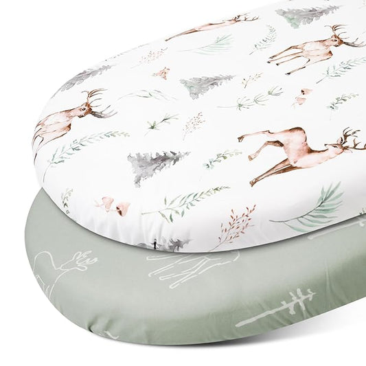 Gllquen Baby Bassinet Sheets Set 2-Pack, Breathable Cozy Bassinet Fitted Sheet Universal Fit Standard Mattress Oval Rectangle Cradle Baby Sheets for Baby Boy Girls Unisex 32"x16" (Reindeer)