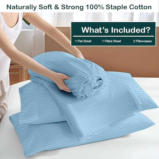 NON Sticky cotton Twin Size Sleeper Sofa Sheets, 4 Piece Egyptian Cotton Bed Sheet Set for Sofa Bed, 10" Deep Pocket for Pull Out Couch Mattress, 39" x 75", Light Blue Stripe, Soft & Breathable