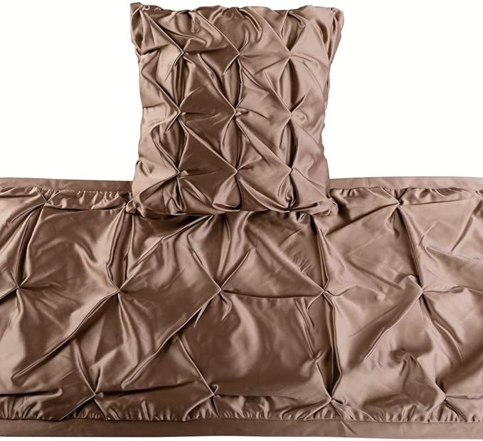The HomeCentric Beige Bed Runner, Full Size 68"x18" Decorative Bed Runner with Matching Pillow Cover, Beige Satin Bed Scarf in Pintucks - Satin Ballet Swirl
