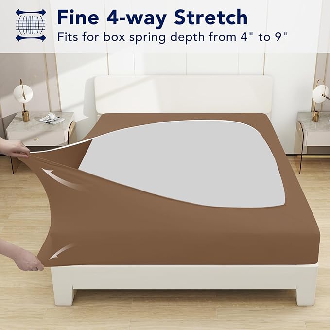 PureFit Stretchy Box Spring Cover King - Elastic Fitted Box Spring Wrap Around 4 Sides, Wrinkle & Fading Resistant Fits King and C-King Size Beds, Brown