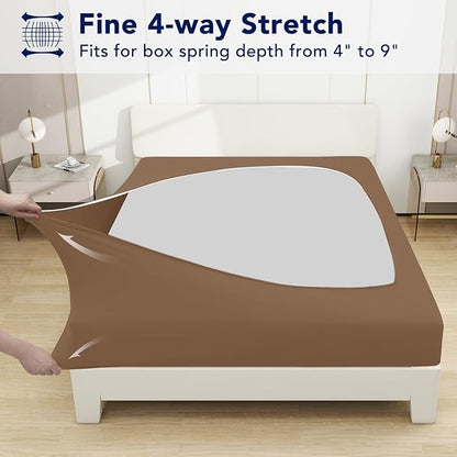 PureFit Stretchy Box Spring Cover King - Elastic Fitted Box Spring Wrap Around 4 Sides, Wrinkle & Fading Resistant Fits King and C-King Size Beds, Brown