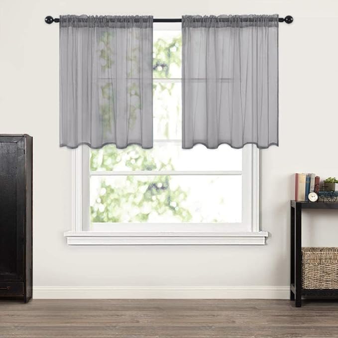 MIULEE 2 Panels Kitchen Tiers Half Window Sheer Curtains Rod Pocket Voile Drapes for Kitchen Bathroom Small Windows 29 by 36 Inch Charcoal Grey