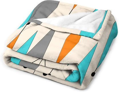 Mid Century Flannel Throw Blankets, Mid Century Modern Geometric Atomic Shapes Orange Retro Style Boho Print Blanket for Bed Couch Sofa Fuzzy Tv Throws 40"x50"