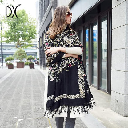 DANA XU 100% Merino Wool Extra Large Pashmina Blanket Travel Scarf Cashmere Wrap for Women Fall Winter Oversize Shawl Floral