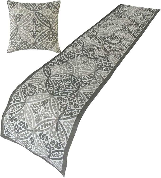The HomeCentric King/Queen/Twin Gray Designer Twin 53"x18" Bed Runner with Two Pillow Cover, Moroccan, Pearl, Geometric & Embroidered Bed Scarf on Embroidered Fabric - Meryem