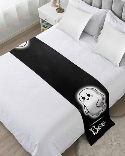 Halloween Cute Ghost Boo Bed Runners for Bedroom Hotel,Decorative Bedding Scarf Black and White Bed End Blanket Bedding Runner Scarves for Twin Size Bed,71x20in