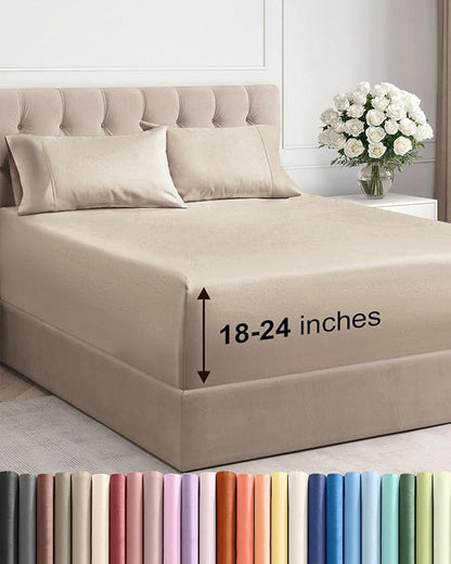 Extra Deep Pocket Full Sheets - 4 Piece Breathable & Cooling Bed Sheets - Hotel Luxury Bed Sheet Set - Soft, Wrinkle Free & Comfy - Easily Fits Extra Deep Mattresses - Deep Pocket Wheat Sheets Set