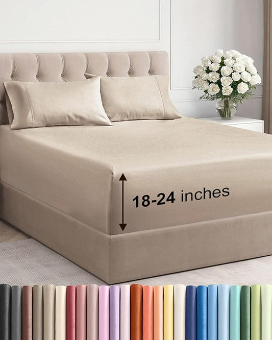Extra Deep Pocket Full Sheets - 4 Piece Breathable & Cooling Bed Sheets - Hotel Luxury Bed Sheet Set - Soft, Wrinkle Free & Comfy - Easily Fits Extra Deep Mattresses - Deep Pocket Wheat Sheets Set
