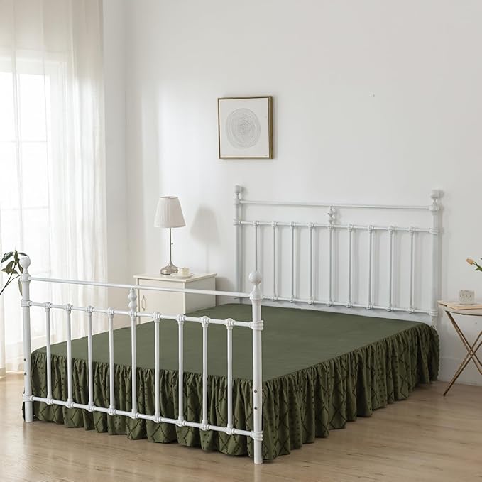 Bed Skirt Queen Size Ruffled Bed Skirt with Split Corners, 12 Inch Drop Dust Ruffle Bed Skirts with Platform, Boho Tufted Shabby Chic Queen Size Bed Skirts, Olive Green