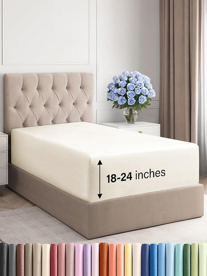 Extra Deep Twin Fitted Sheet - Hotel Luxury Single Fitted Sheet Only - Easily Fits 18 inch to 24 inch Mattress - Ultra Soft, Wrinkle & Fade Free w/Extra Deep Pockets - Breathable & Comfy - Off White