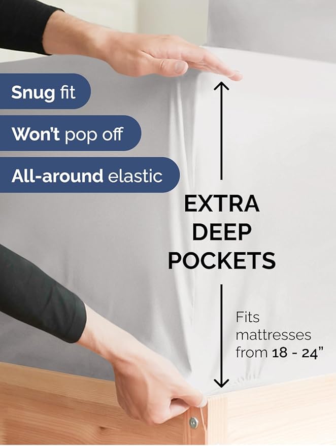 Extra Deep Pocket Queen Sheet Set - 4 Piece Breathable & Cooling Bed Sheets - Hotel Luxury Sheet Set - Soft, Wrinkle Free & Comfy - Easily Fits Extra Deep Mattresses - Deep Pocket French Grey Sheets