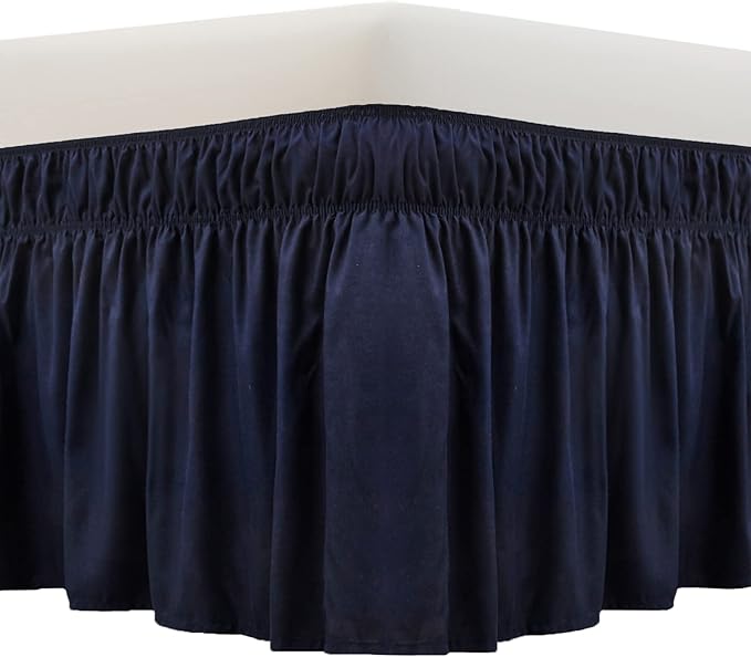 MEILA Wrap Around Bed Skirt Three Fabric Sides Elastic Dust Ruffled 16 Inch Tailored Drop,Easy to Install Fade Resistant-Navy Blue, Queen/King