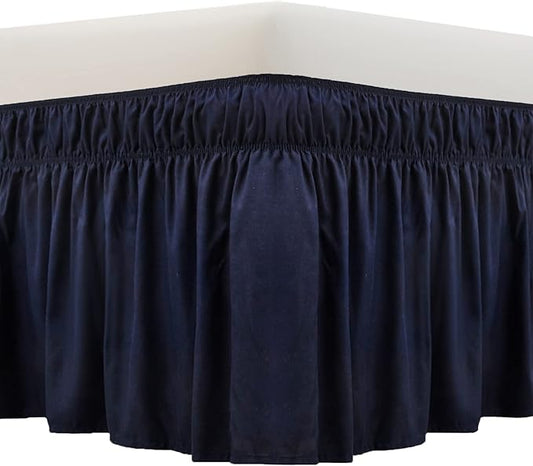 MEILA Wrap Around Bed Skirt Three Fabric Sides Elastic Dust Ruffled 24 Inch Tailored Drop,Easy to Install Fade Resistant-Navy Blue, Queen/King