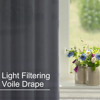 XWZO Dark Grey Sheer Curtains 84 Inches Long for Bedroom, Ring Top Light Filtering Extra Soft Voile Window Curtains with Grommet for Dining Room with Tiebacks, Set of 2 Panels, 52 x 84 Inches Long