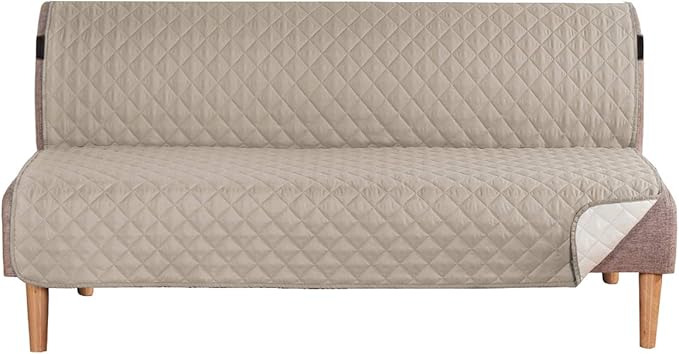H.VERSAILTEX Reversible Futon Cover Water Repellent Armless Sofa Slipcover Washable Furniture Protector with Adjustable Elastic Strap Anti-Slip Futon Bed Cover for Dogs 70" Width Seat(Khaki/Beige)