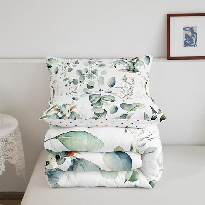 Erosebridal Boys Magic Animal Toddler Bedding Sets Cute Dragon Comforter Set, Cartoon Wildlife Bedding Comforter Sets Green Leaf Duvet Insert, Spring Plant Down Comforter Child Kids Bedroom Decor