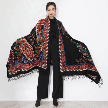 DANA XU 100% Merino Wool Pashmina Shawl for Women 96"x43", Oversized Cashmere Wrap with Tassels, Floral Travel Blanket Cape