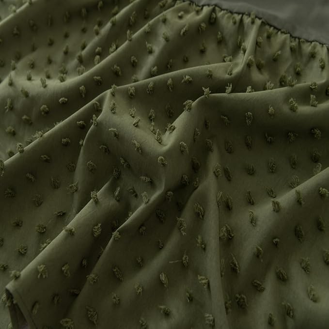 Tufted Dot Bed Skirt Queen Size Ruffled Bed Skirt with Split Corners, 12 Inch Drop Dust Ruffle Bed Skirts with Platform, Olive Green