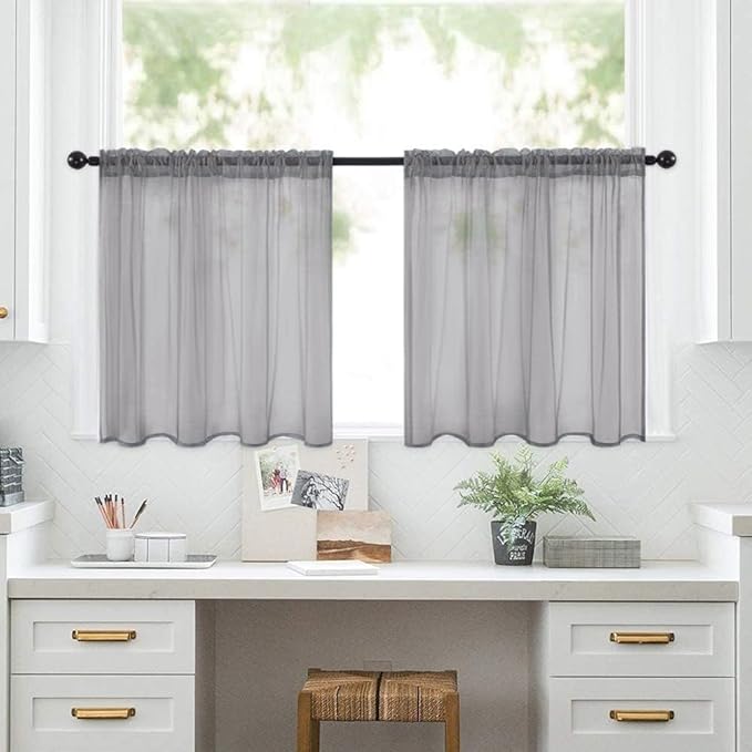 MIULEE 2 Panels Kitchen Tiers Half Window Sheer Curtains Rod Pocket Voile Drapes for Kitchen Bathroom Small Windows 29 by 36 Inch Charcoal Grey