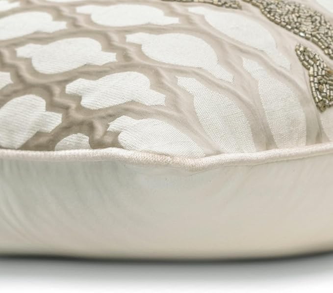 The HomeCentric King/Queen/Twin Ivory Luxury Full 68"x18" Bed Runner with Two Pillow Cover, Bead Hand Embroidery Bed Scarf on Jacquard Fabric - Priscilla Dazzle