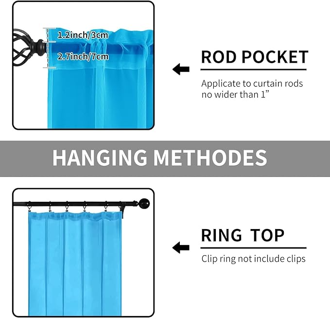 Sheer Curtains 63 Inches Long 2 Panels, Rod Pocket Short Curtain for Kitchen, Bedroom, Cafe Window(Cyan Blue 38" W x 63" L)