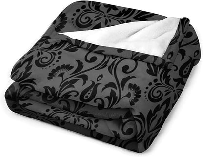 Black Damask Blanket, Antique Victorian Style Gothic Vintage Black Floral Bohemian Exotic Print Blanket for Sofa Bed Decor Fuzzy Blanket Twin, 50"x60"