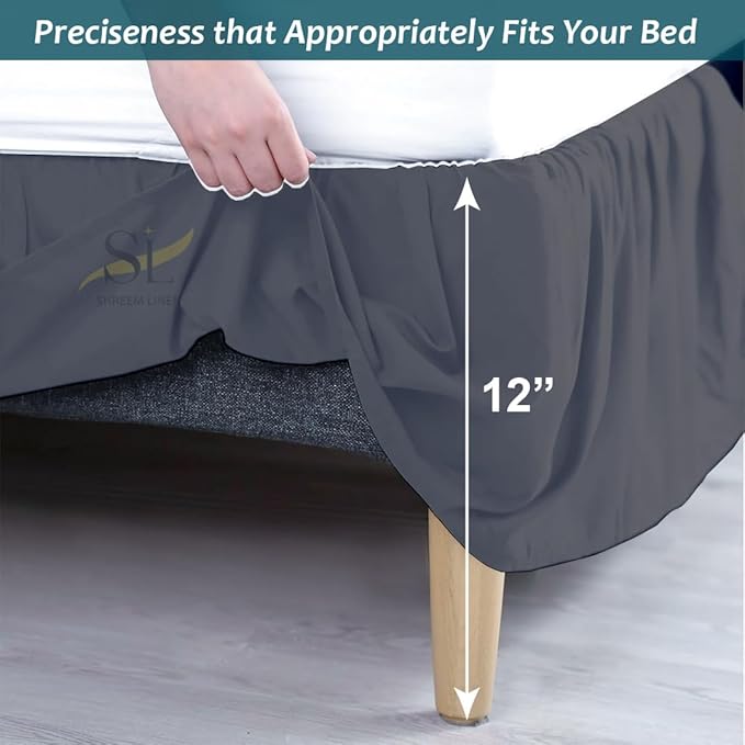 Shreem Linen Ruffled Bed Skirt with Split Corners, Gathered Style, 100% Microfiber, 12-Inch Drop, Dust Ruffle Bedskirt with Platform, Queen-XL, Dark Grey
