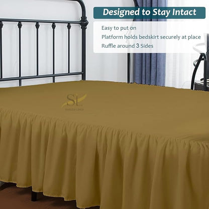 Shreem Linen Ruffled Bed Skirt with Split Corners, Gathered Style, 100% Microfiber, 18-Inch Drop, Dust Ruffle Bedskirt with Platform, Twin-XL, Taupe