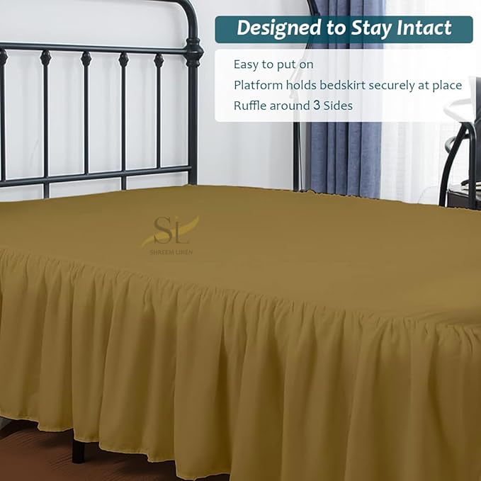 Shreem Linen Ruffled Bed Skirt with Split Corners, Gathered Style, 100% Microfiber, 15-Inch Drop, Dust Ruffle Bedskirt with Platform, Olympic Queen, Taupe