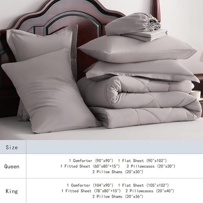 NTBAY King Comforter Set with Sheets, 7 Pieces Soft and Breathable King Bedding Set, Bed in a Bag, Down Alternative Comforter Set Solid Color All Season, Smoke Grey