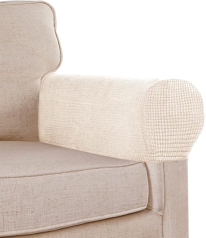 Stretch Sofa Armrest Covers Spandex Jacquard Arm Covers for Chairs and Sofas Anti-Slip Couch Armrest Covers with Sticker Furniture Armrest Protector for Sofa Couch Chair Recliner, Set of 2, Beige