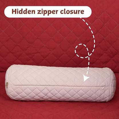 Neck Roll Pillow Cushion Cover, 24x6 Inch Full Moon Round Bolster Pillow Case, Cylinder Soft Lambskin Leather Pillowcase for Head, Spine & Neck Support During Sleep - Quilted White Pack of 1