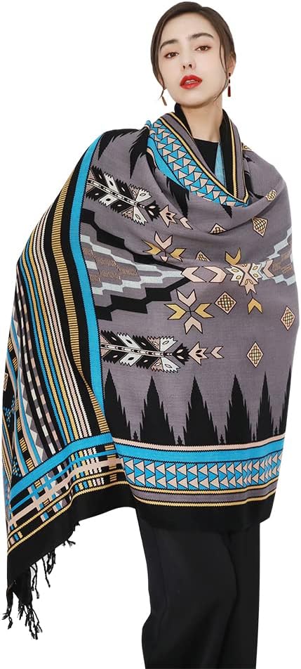 DANA XU 100% Merino Wool Pashmina Shawl for Women 96"x43", Oversized Cashmere Wrap with Tassels, Floral Travel Blanket Cape