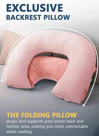 INSEN Reading Pillow, Back Pillow for Sitting in Bed and Couch, Gaming Pillow for Adults, Sit Up Support for Bed (Upgrade-Dot Velvet-Pink, Upgraded)