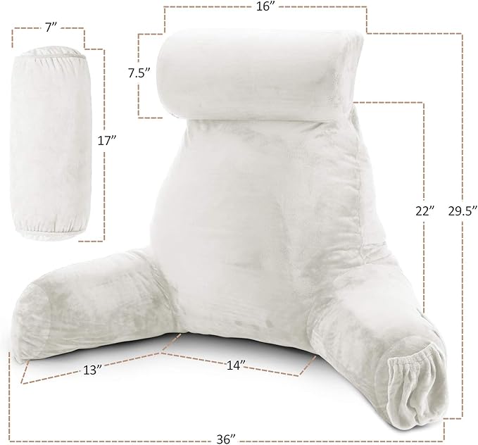 Nestl Reading Pillow with Shredded Memory Foam Includes 2 Neck and Lumber Support Pillows, Designed for Sitting Up in Bed and Couch, Back and Arms Adjustable Support for Adult & Teens, White