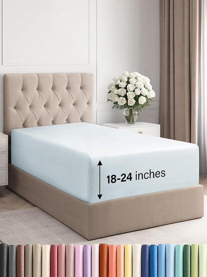 Extra Deep Twin Fitted Sheet - Hotel Luxury Single Fitted Sheet Only - Easily Fits 18 inch to 24 inch Mattress - Ultra Soft, Wrinkle & Fade Free w/Extra Deep Pockets - Breathable & Comfy - Ice Blue
