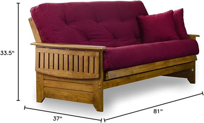 Nirvana Futons Brentwood Tray Arm Futon Sofabed Set - Full Frame, 8" Thick Burgundy Mattress, Rich Heritage Finish