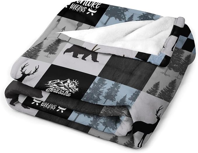 Bear Cabin Plaid Blanket, Rustic Retro Bear Deer Patchwork Gray Blue Farmhouse Throw Blanket for Couch Bed Living Room, 40"x50"