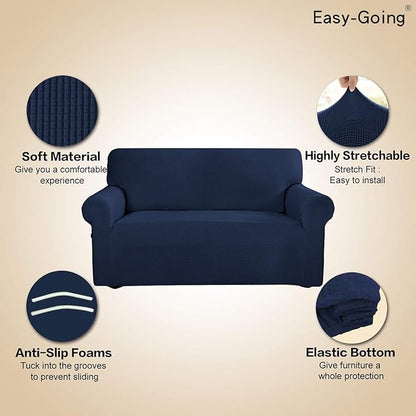 Easy-Going Stretch 4 Seater Sofa Slipcover 1-Piece Sofa Cover Furniture Protector Couch Soft with Elastic Bottom for Kids, Polyester Spandex Jacquard Fabric Small Checks Navy