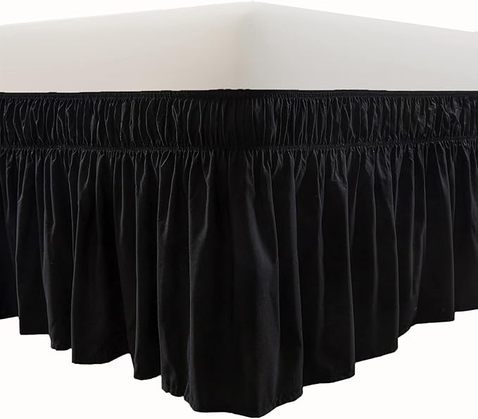 MEILA Wrap Around Bed Skirt Three Fabric Sides Elastic Dust Ruffled 24 Inch Tailored Drop,Easy to Install Fade Resistant-Black, Twin/Full